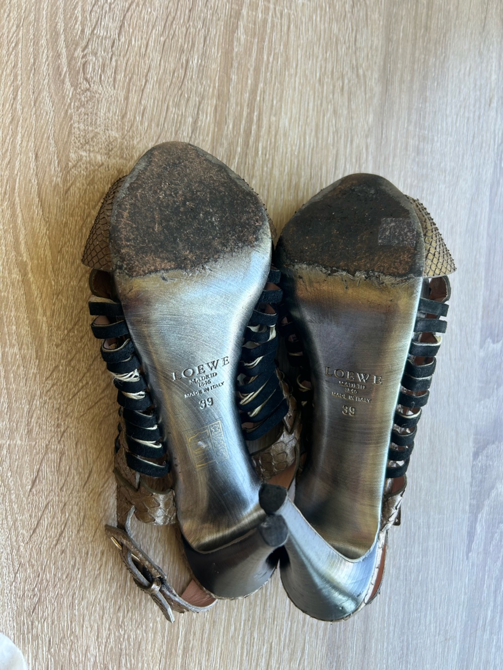 LOEWE Metallic Bronze & Black Woven Leather Slingback Sandals Y2K - Picture 7 of 8